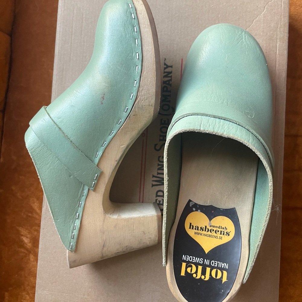 Slip in classic clog- Sea foam green /teal/ blue green Swedish Hasbeens Size 38
